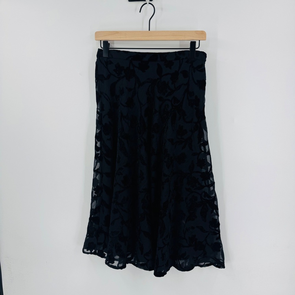 Vintage Talbots Black Floral Burnout Velvet Midi Skirt Size 6 Sheer Overlay